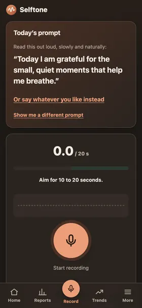 Recording screen showing today’s positive sentence and a large record button.