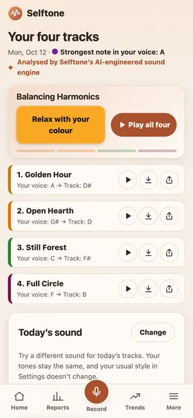 Results screen with the twelve-note colour map and four personal tracks ready to play.
