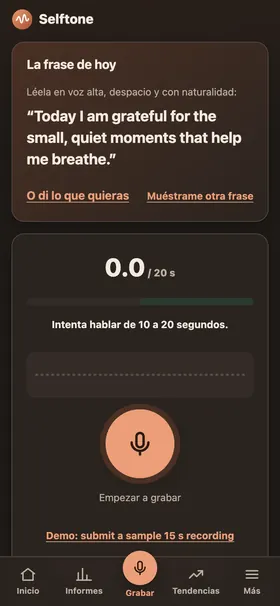 Pantalla de grabación con la frase positiva de hoy y un botón grande para grabar.