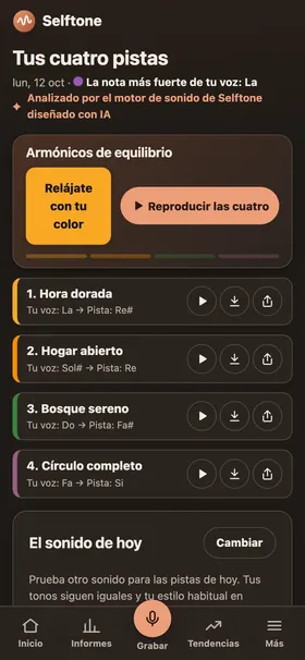 Pantalla de resultados con el mapa de colores de doce notas y cuatro pistas personales listas para reproducir.
