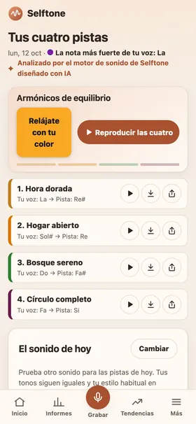 Pantalla de resultados con el mapa de colores de doce notas y cuatro pistas personales listas para reproducir.