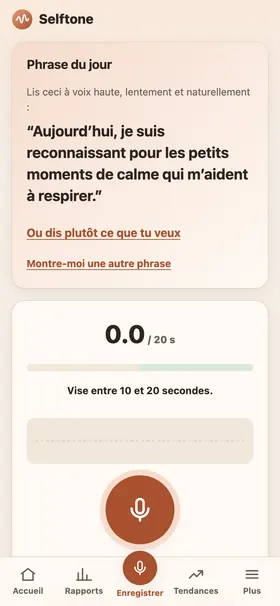 Écran d’enregistrement affichant la phrase positive du jour et un grand bouton d’enregistrement.